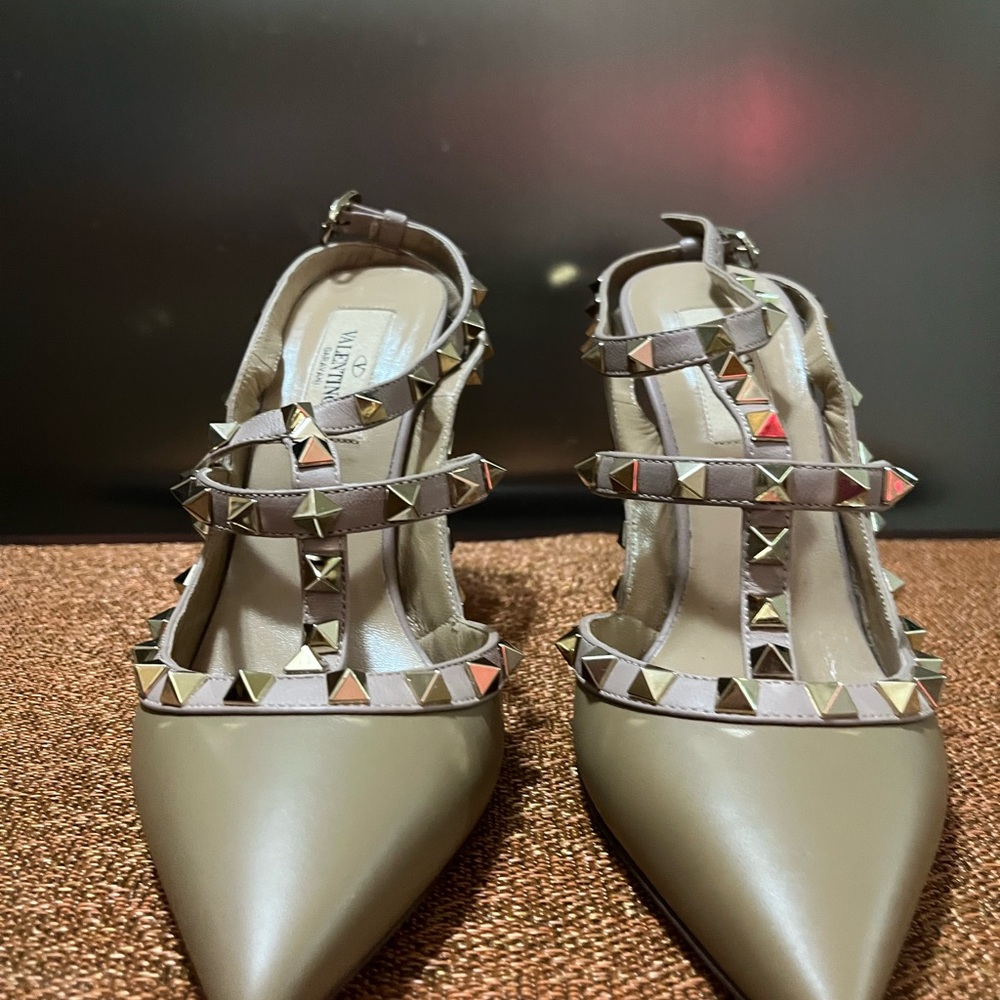 Valentino Garavani Taupe Rockstud Pointed Slingbacks